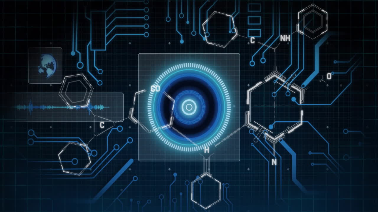 Chemical structures and circuit patterns in futuristic digital animation interface