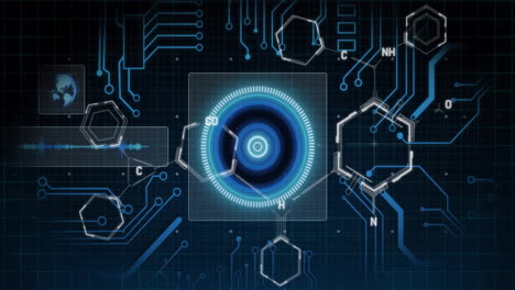 chemical structures and circuit patterns in futuristic digital animation interface
