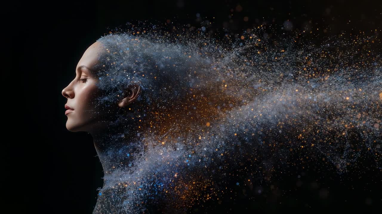 Illuminazione che crea un modello femminile che tiene il profilo mentre le particelle fluiscono a destra in studio, spazio per la copia