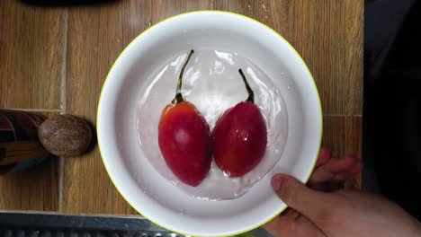 exotic tamarillo (tree tomato) in bowl of water — ecuador