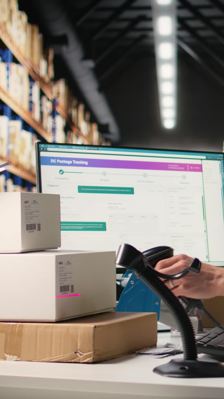 Vertical Video Asian male worker scanning shipment labels and tracking numbers