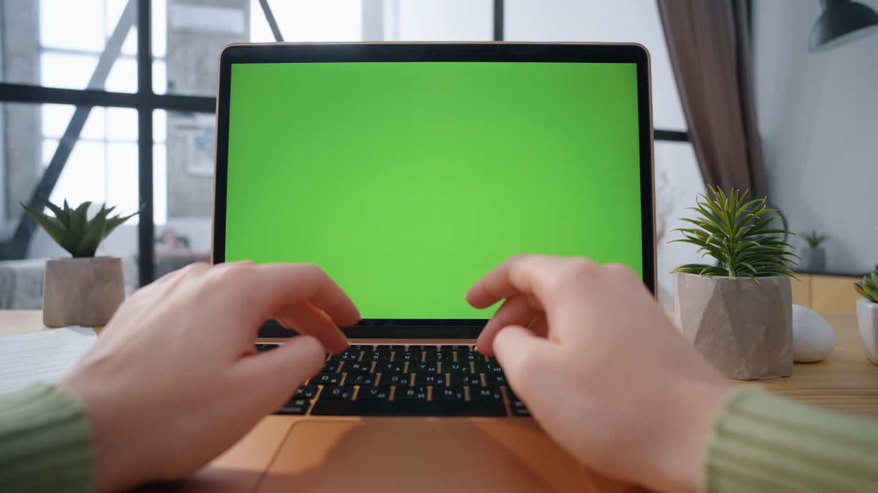 Woman hands typing email chroma key laptop at workplace closeup. Lady working