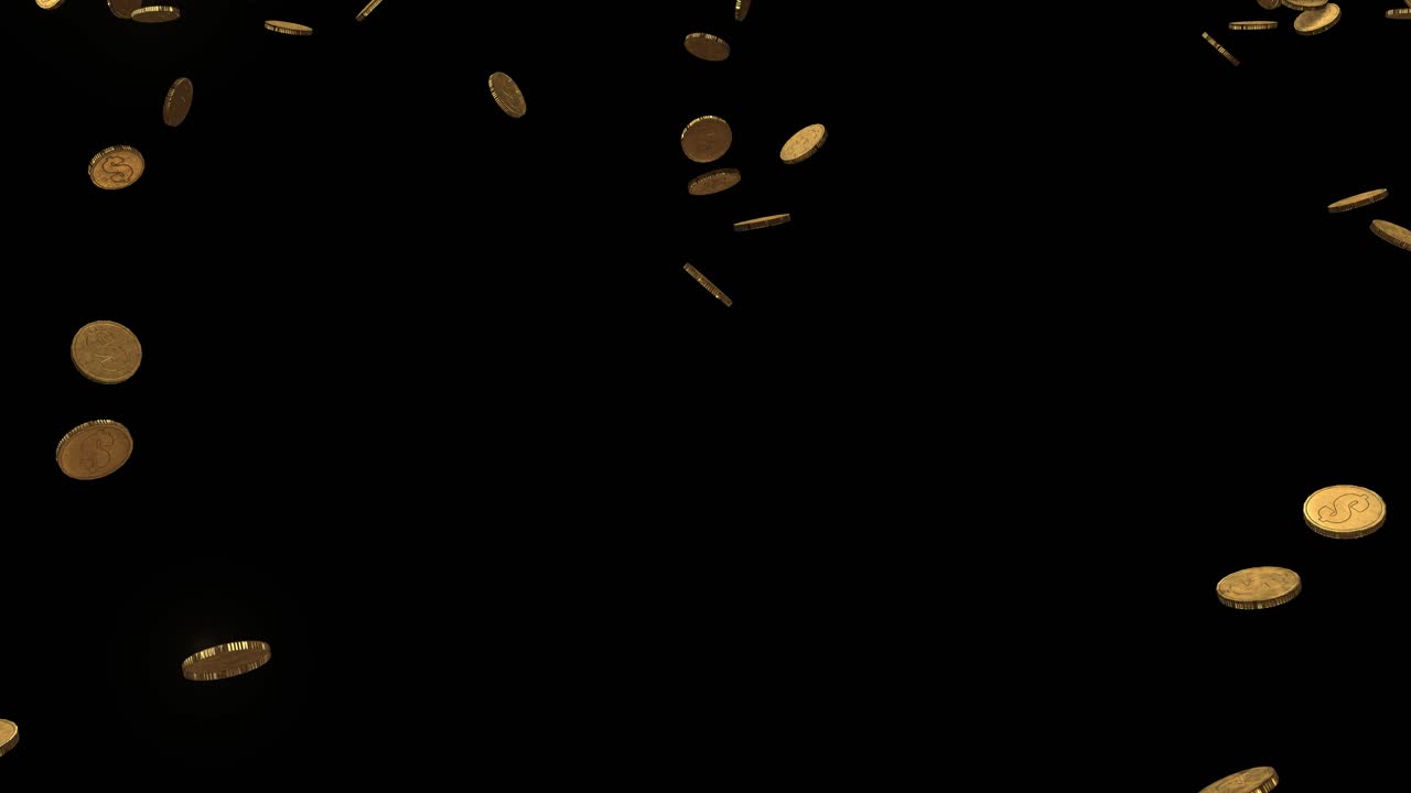 monedas de oro brillantes que caen sobre un fondo negro desde la parte superior del marco hacia la vista de la cámara