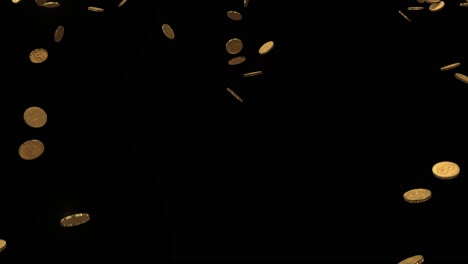 glowing gold coins falling on a black background from the top of the frame towards the camera view