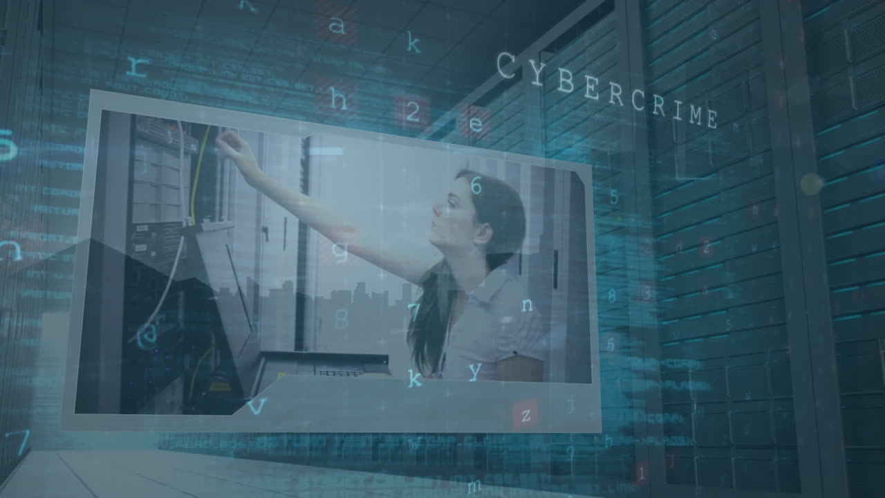 Animation of screens with cyber security data processing against computer server room