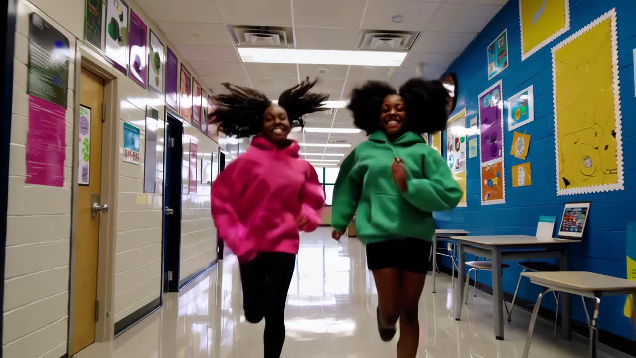 Two Happy Young Girls Running and Smiling Down a School Hallway