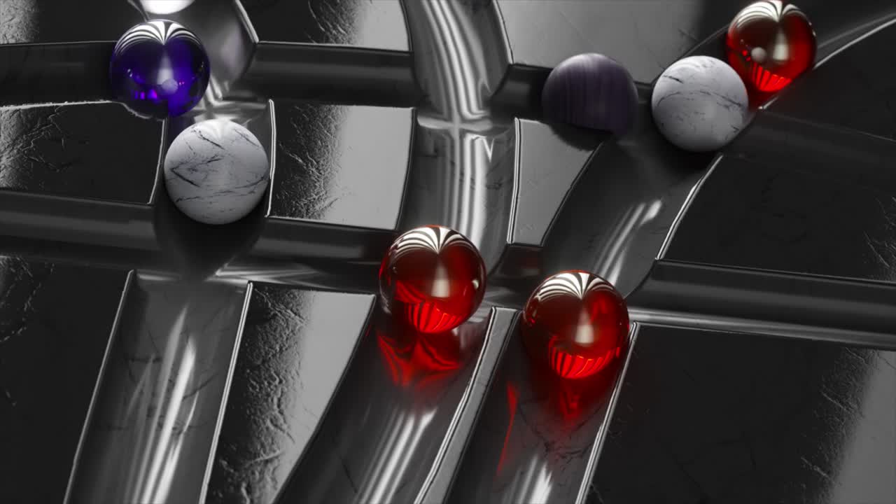 las bolas de colores giran alrededor del laberinto de mármol oscuro. blanca, azul, roja, gris, esfera negra. animación 3d de bucle sin costuras
