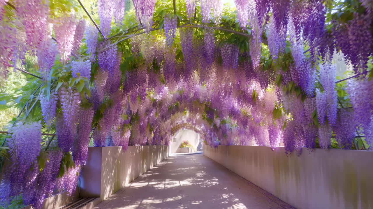 庭園トンネルに咲き誇る美しい紫の藤の花