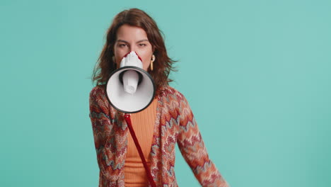 woman talking with megaphone proclaiming news loudly announcing advertisement pointing empty place