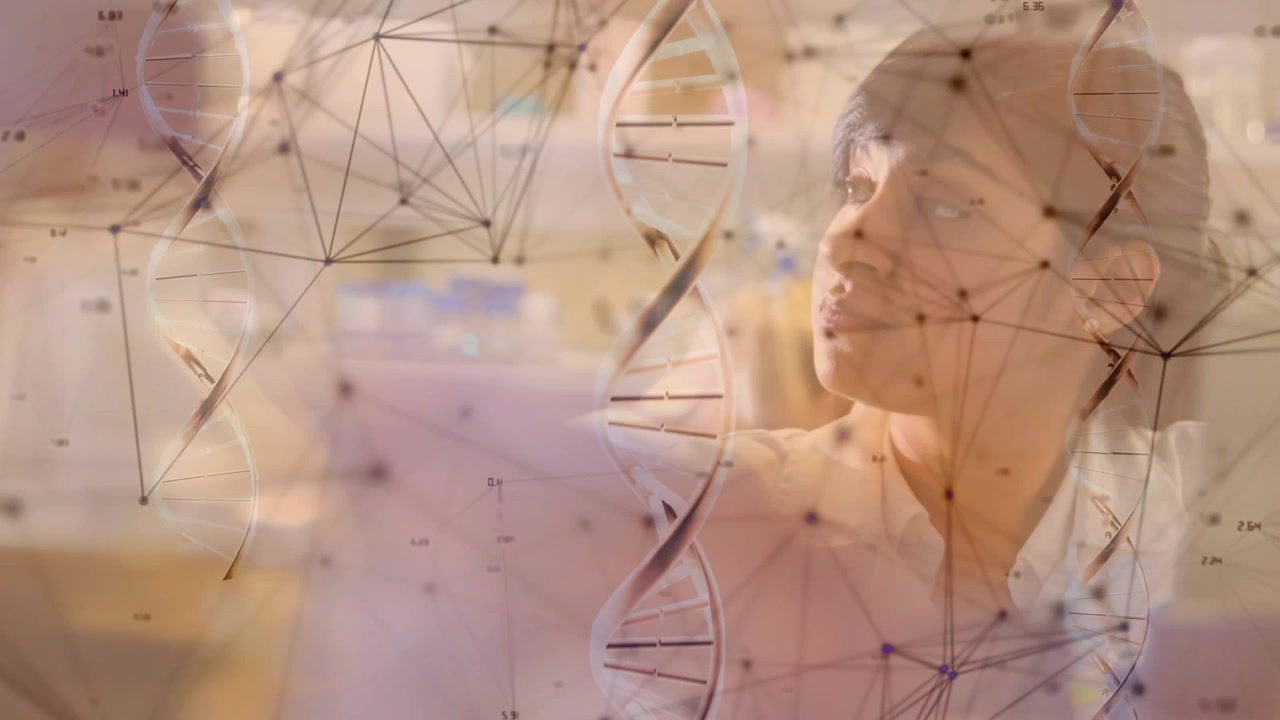 Science researcher raising hand behind digital net and activating 3D DNA helix enabling gene study