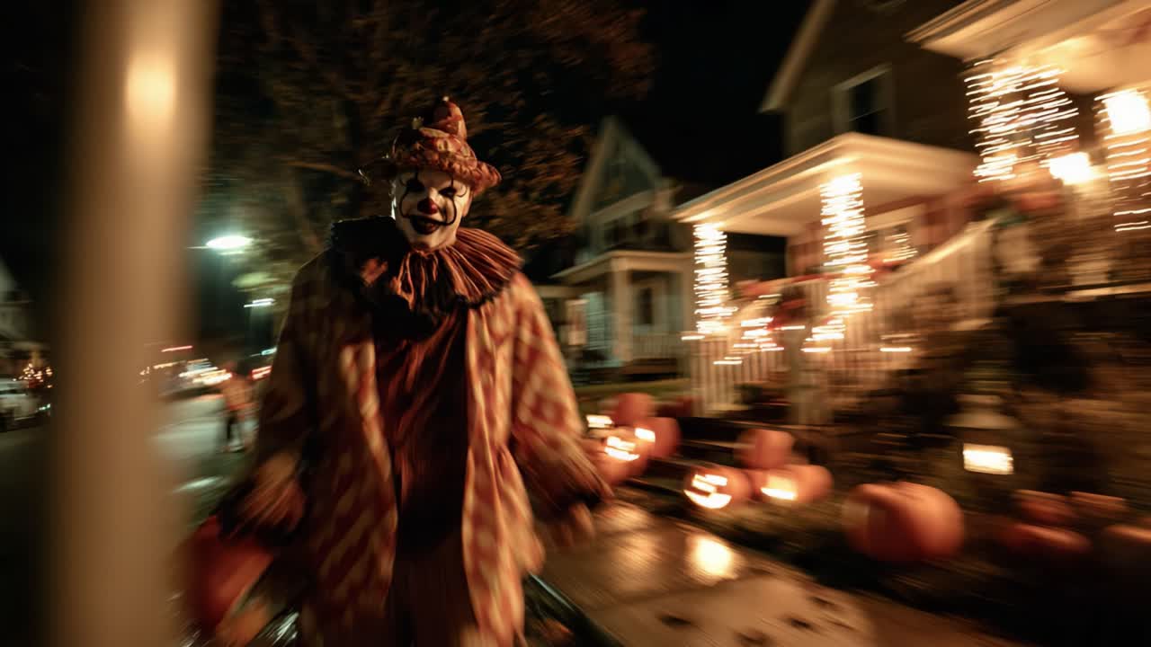 Un Incontro Notturno con un Clown Sinistro: Atmosfera di Halloween Inquietante e Spettrale, Circondata da Zucche Intagliate e Decorazioni Festive