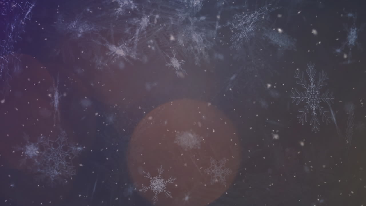 Digitaalinen animaatio putoavista lumihiutaleista ja valopisteistä harmaata taustaa vasten.