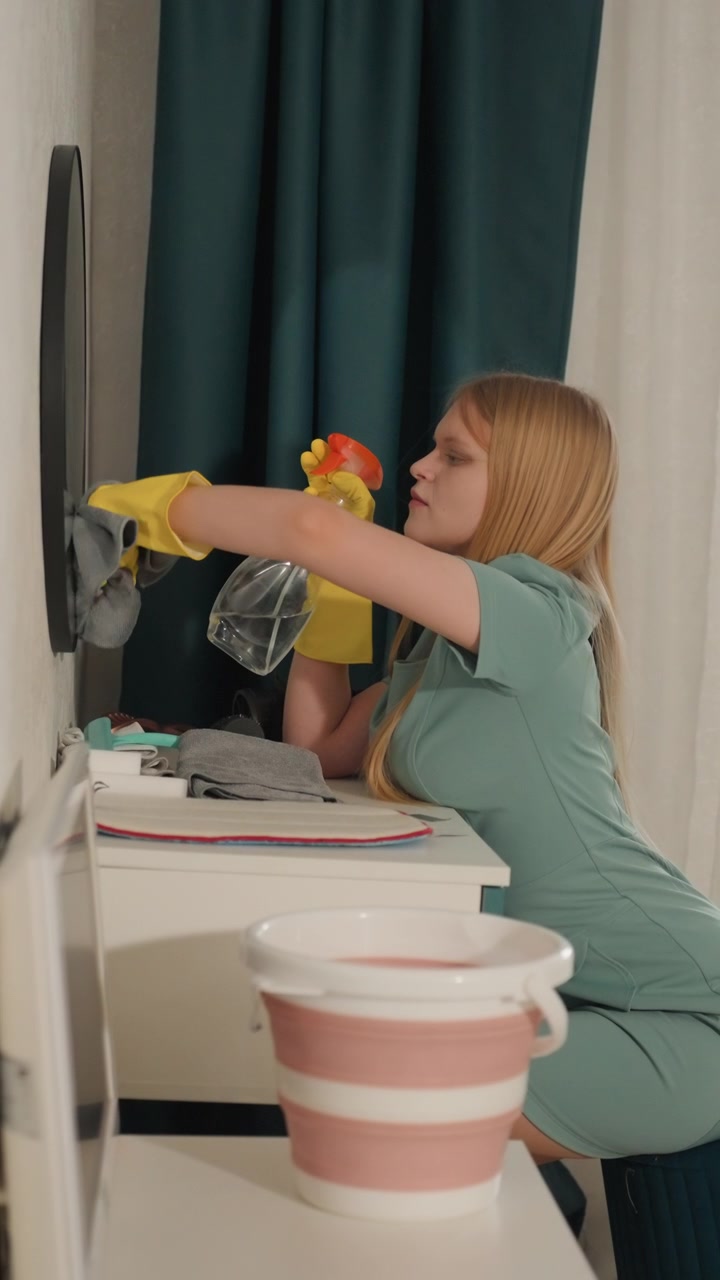 White woman cleans TV screen leaning at desk, wearing yellow gloves and using spray bottle and cloth, removing dust and fingerprints, bucket in foreground, lounge curtain backdrop, cautious