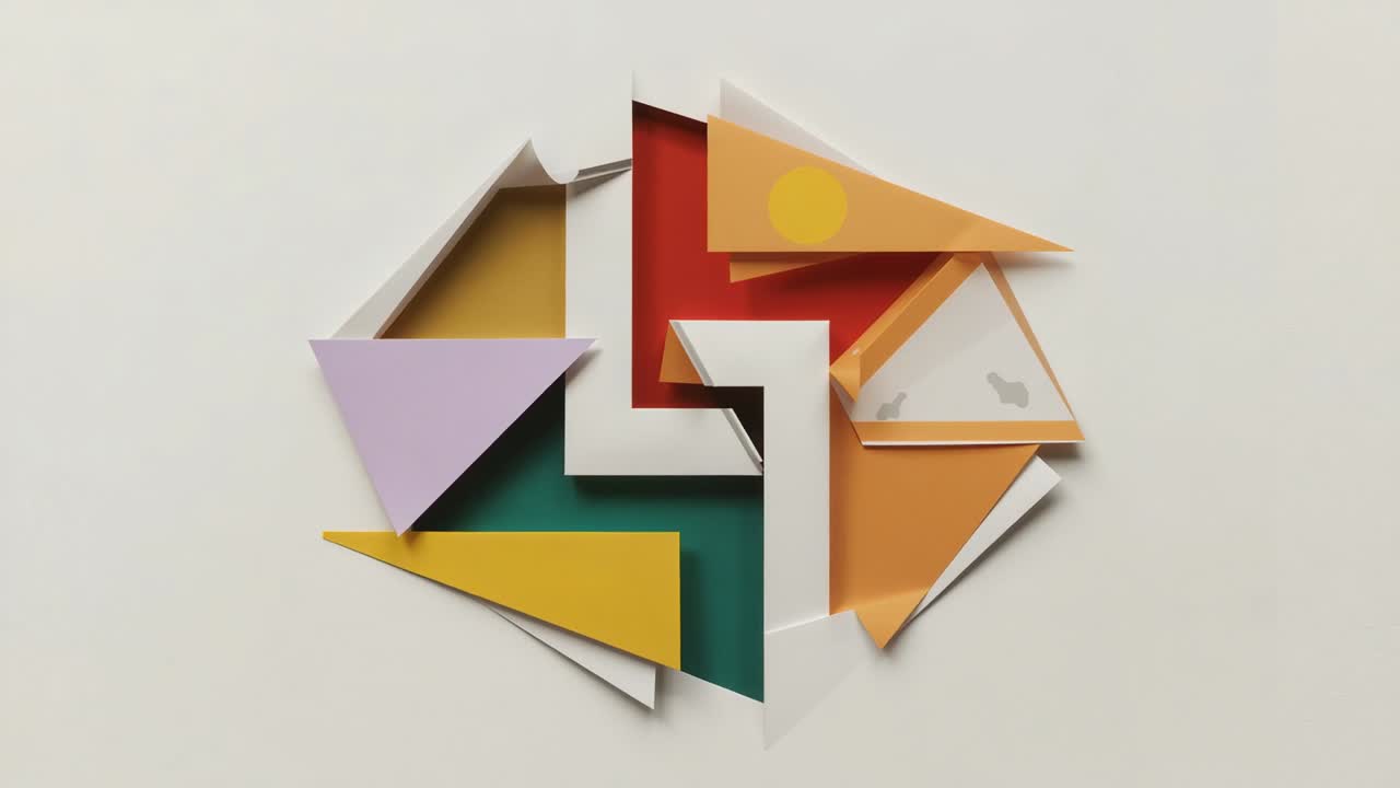 Opening frames showing paper collage staying fixed in overhead view, layered colored shapes