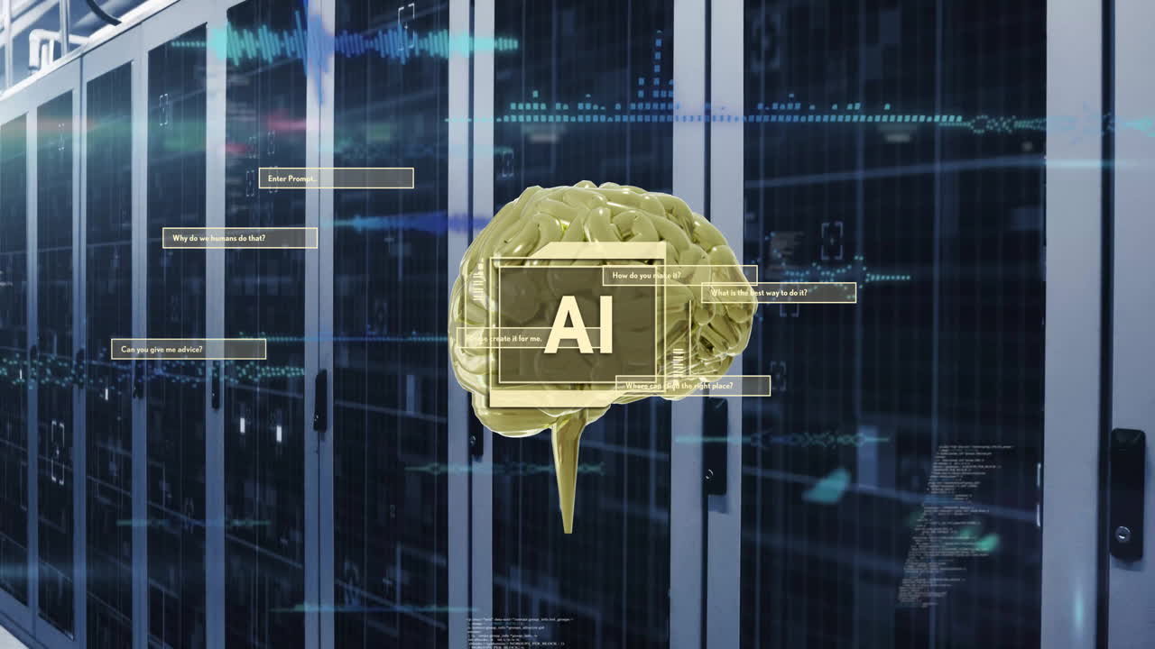 컴퓨터 서버를 통해 문자, 뇌 및 데이터 처리의 애니메이션