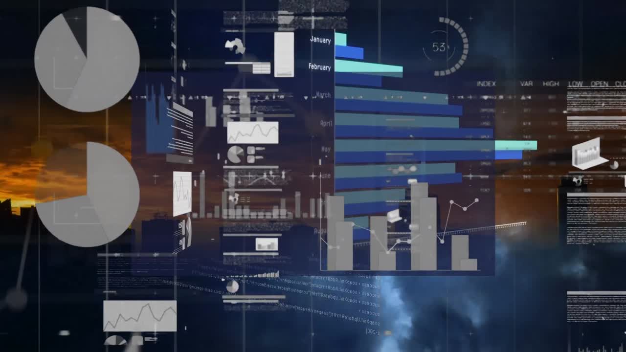 animación de diversos datos y gráficos sobre el paisaje al atardecer
