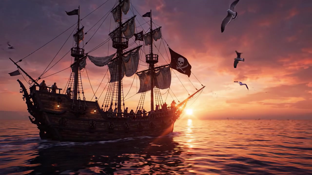 Um Majestoso Navio Pirata Navegando o Oceano Sereno ao Pôr do Sol, Envolvido em Tons Quentes e Projetando Sombras Contra o Horizonte Deslumbrante