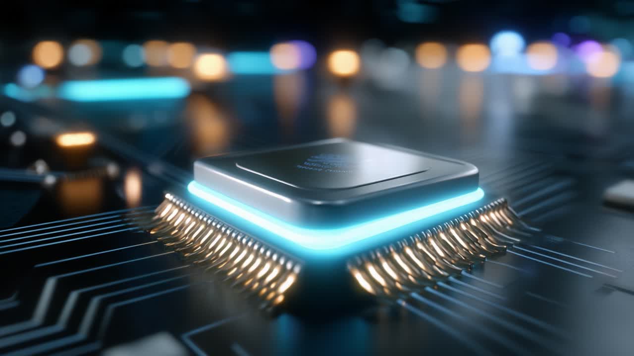 A Close-Up Exploration of a Modern Microprocessor on a Circuit Board, Highlighting Advanced Technology and Design Elements in Electronics with Illuminated Features and Intricate Details