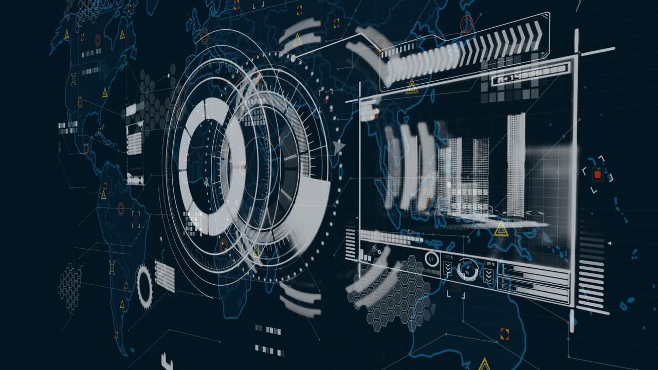 Dark blue grid opening starting central HUD emerging rotating sliding data panel updating metrics
