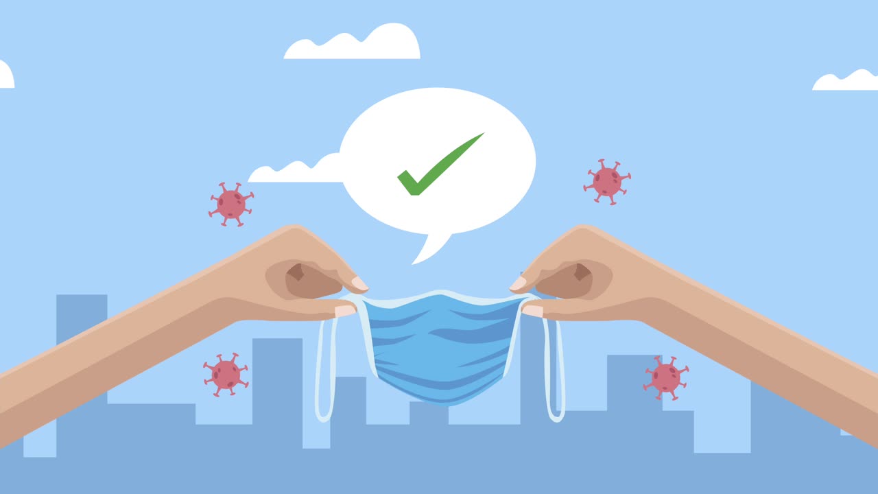 코로나19 입자가 손으로 도시에 의료 마스크를 들어 올립니다.