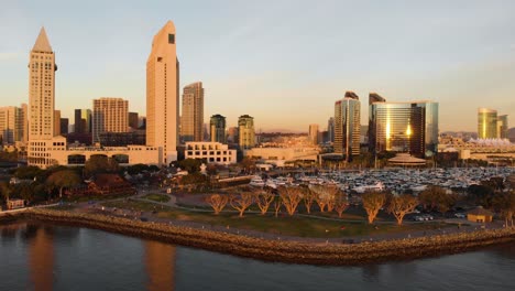 downtown san diego skyline over the embarcadero public park aerial
