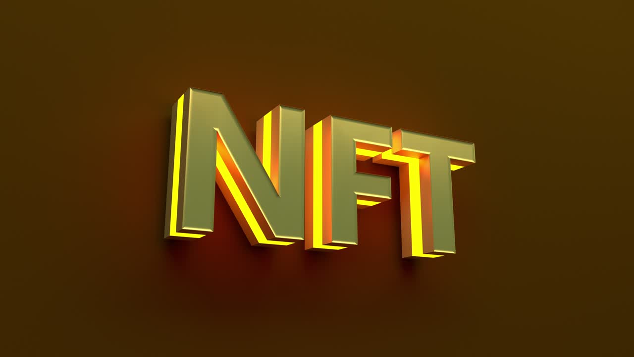 concepto de moneda de arte criptográfico nft. token no fungible con luz parpadeante en fondo abstracto de oro oscuro. bucle de renderización 3d sin costuras.