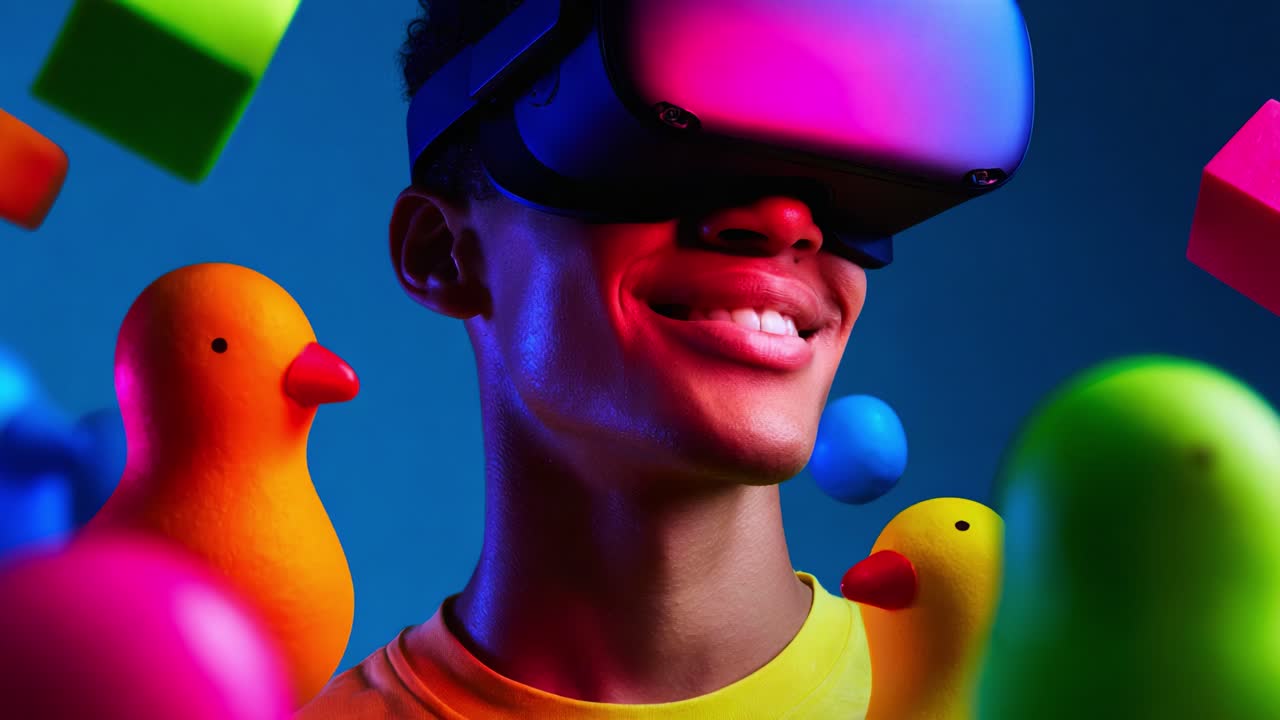A joyful individual immerses in a vibrant virtual reality experience, surrounded by colorful geometric shapes and playful rubber ducks, showcasing the playful side of technology and fun