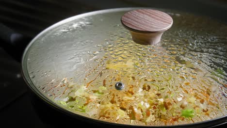 cooking food in a pan covered with glass lid, inner surface wet with condensation from steam