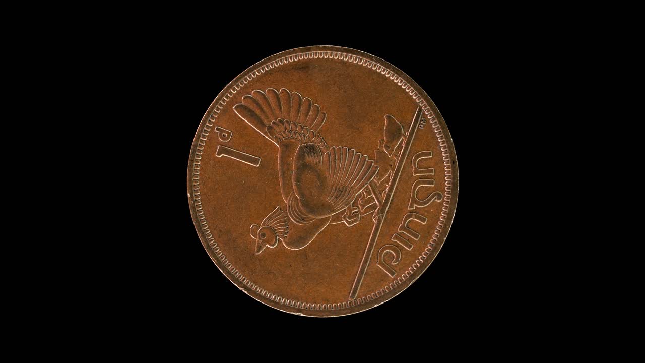 Ireland 1968 penny coin reverse with value and hen with chicks motif rotating on black background