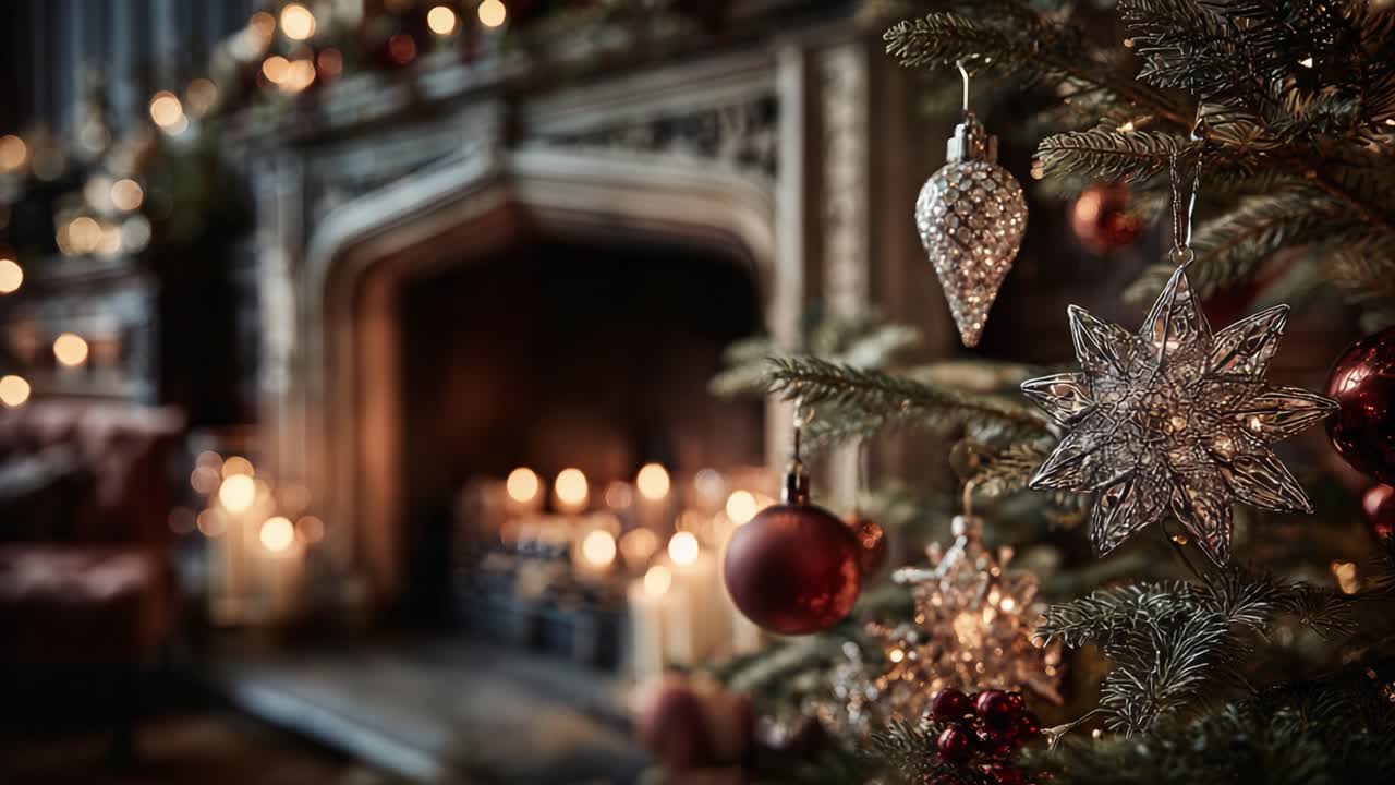 En varm og indbydende feriescene: Elegant pyntet juletræ med ornamenter og blødt lys fra stearinlys, der forstærker en hyggelig atmosfære ved pejsen