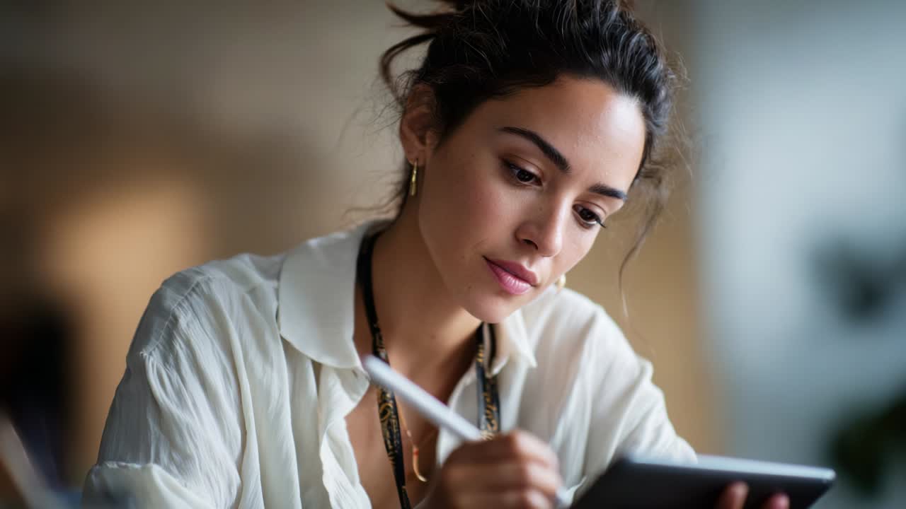 Thoughtful Young Woman Engaged in Creative Work with Digital Tablet, Drawing or Designing in a Cozy and Modern Indoor Workspace, Concentrating on Her Artistic Endeavors and Ideas