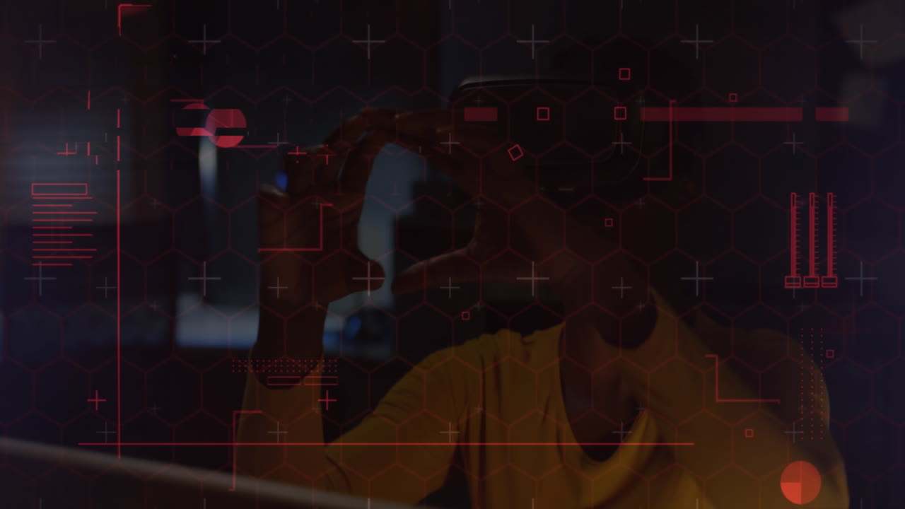 Animation of data processing with hexagons over woman wearing vr headset and moving her hands