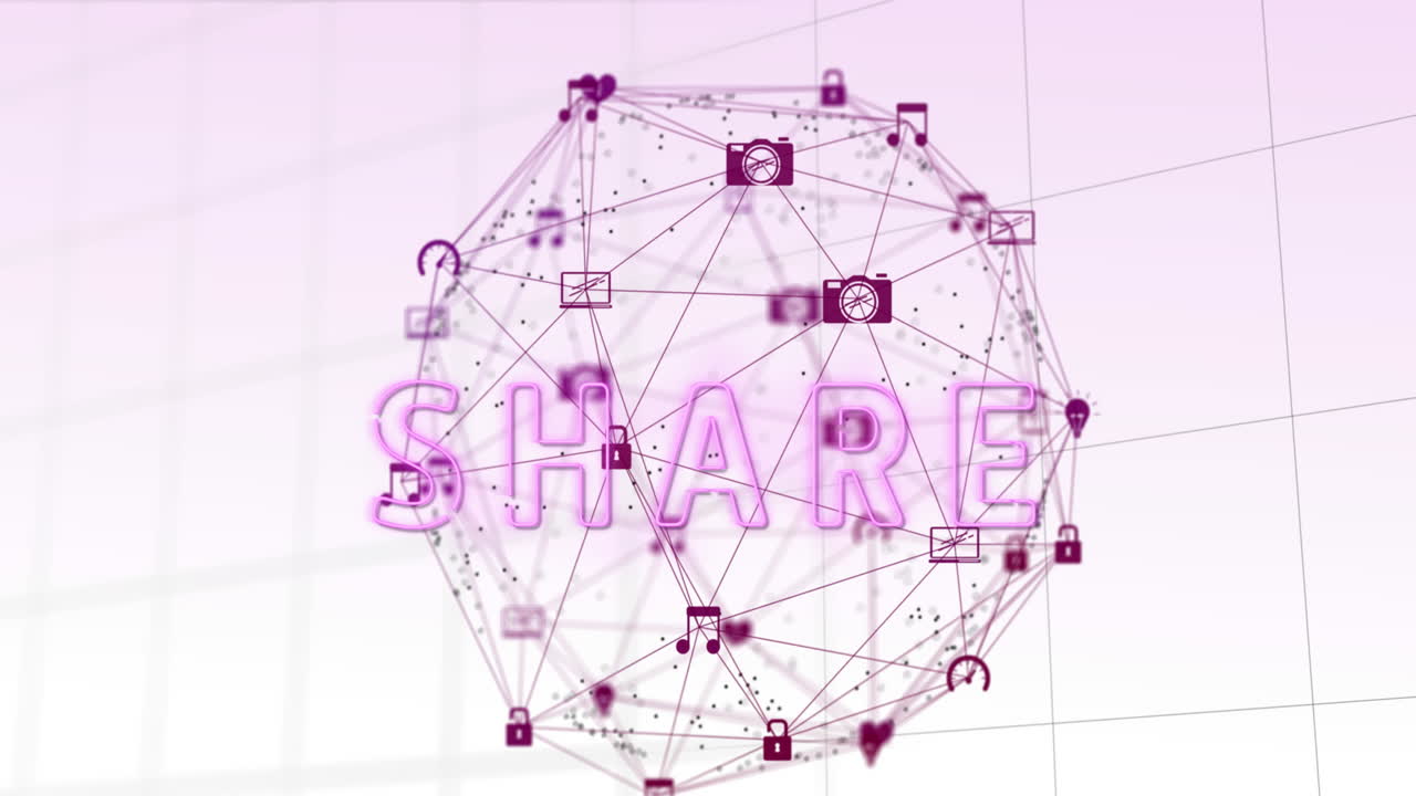 Share text over Globe of digital icons against grid lines