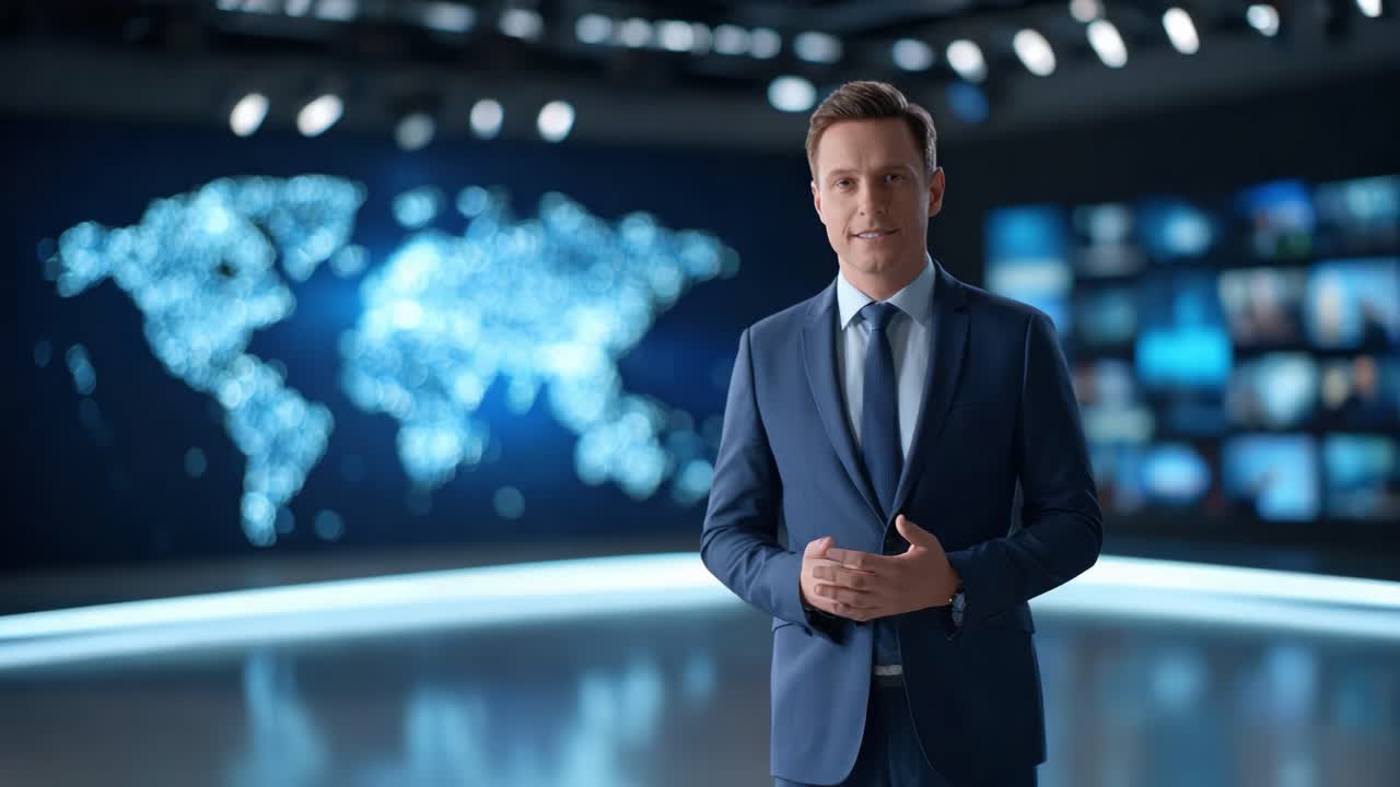 Presentatore di notizie coinvolgente in un moderno studio, che fornisce aggiornamenti globali con uno splendido sfondo di una mappa del mondo con immagini luminose e dinamiche di dati e informazioni a livello mondiale