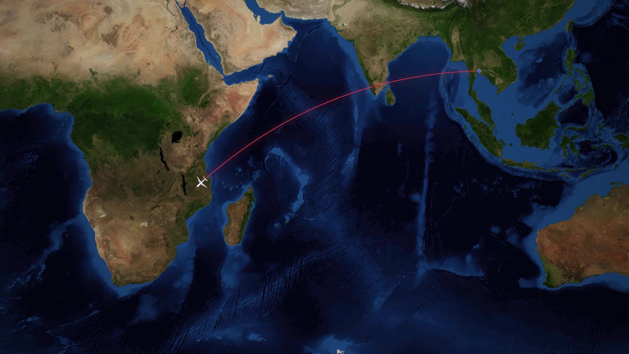 Airplane icon travels across Indian Ocean from Bangkok to Cape Town on satellite map