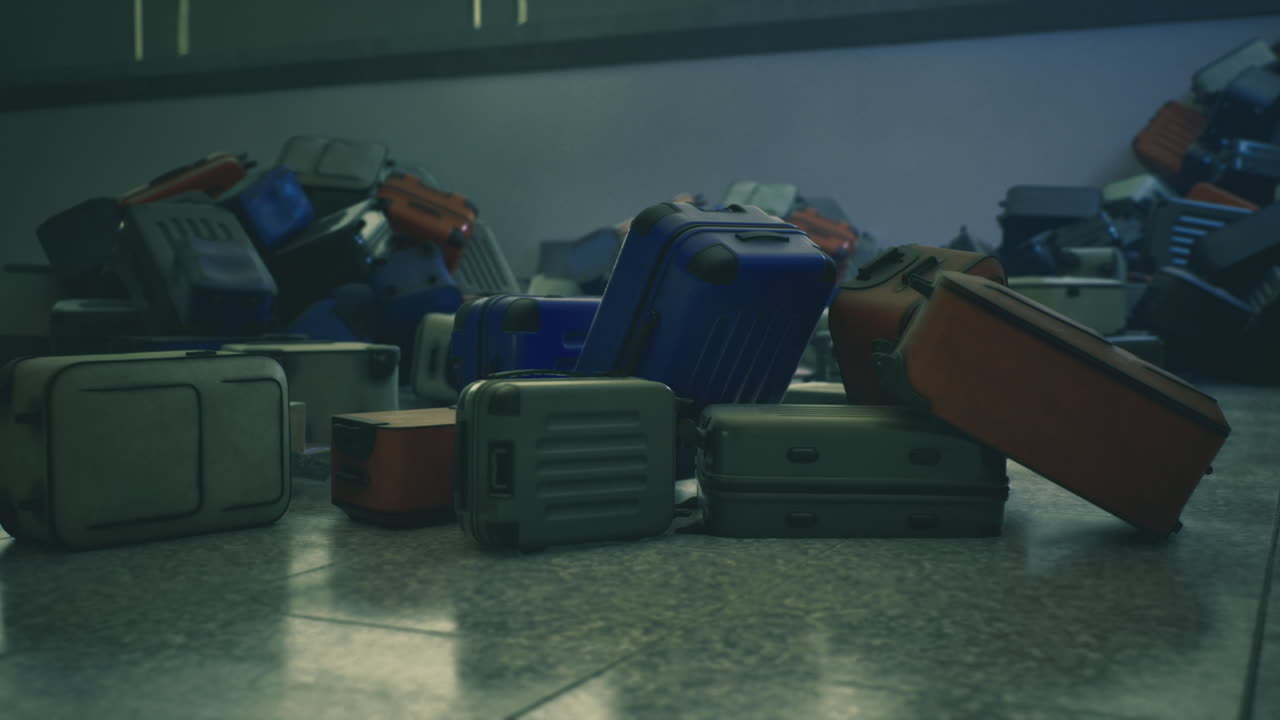 Disorganized suitcases by lounge evoke sense of delay and confusion