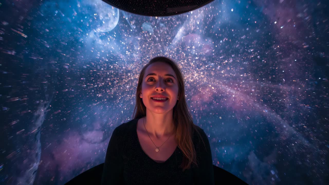 Donna seduta che reagisce sgranando gli occhi mentre la proiezione si intensifica nella cupola con pendente e proiettore