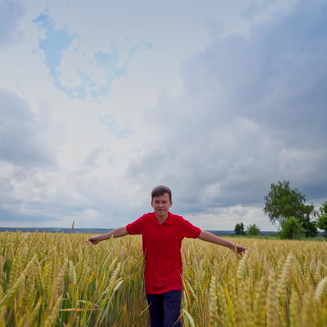 Teenager enjoys freedom outdoors. Happy boy walks and runs on yellow field among agricultural plants. Happy childhood in rural place.
