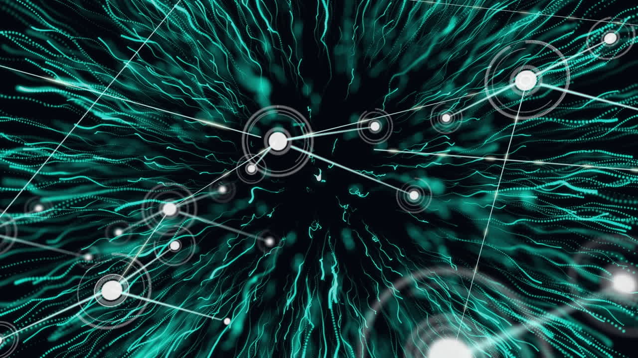Animation of network of connections with digital icons over green explosion