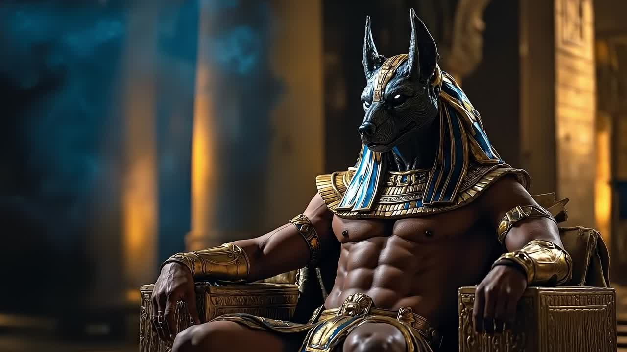 Anubis sitting on a throne in an egyptian temple