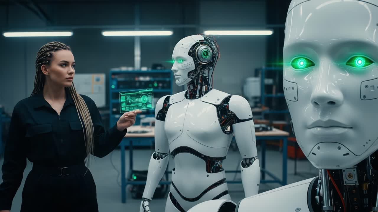 Advanced Robotics in Action: A Female Scientist Interacting with Futuristic Androids in a High-Tech Laboratory Environment
