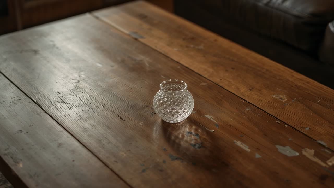 Moving camera tightening focus, showing cut-glass vase on wood table, couch in dim warm light