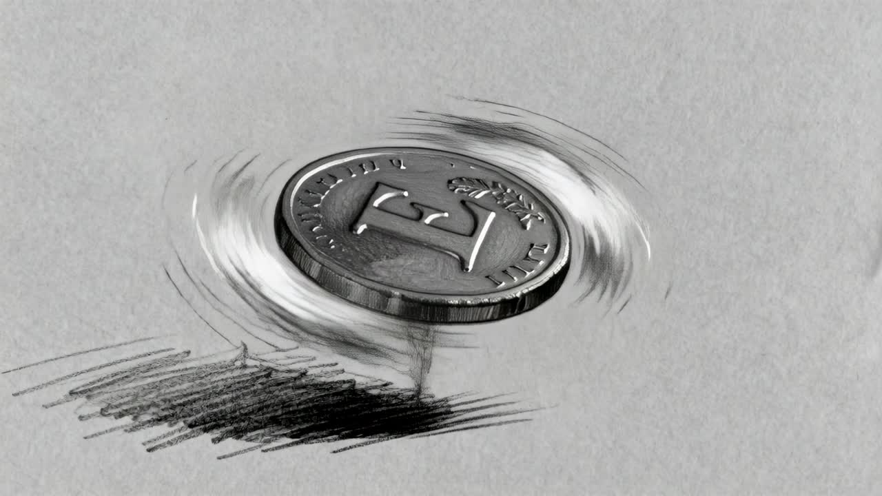Moneta che gira con la lettera E e alloro in rilievo che parte da un foglio, ruotando e oscillando, mostrando movimento.