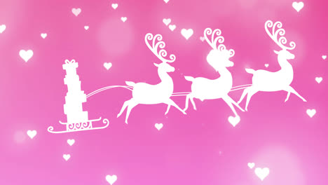 Animation-Des-Weihnachtsmannschlittens-über-Herzen-Auf-Rosa-Hintergrund