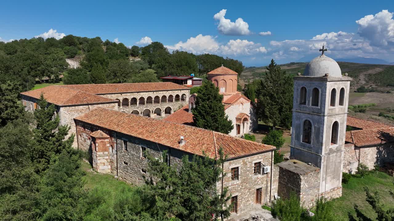 Aerial: Saint Mary Monastery during the day in Apollonia, Fier County, Albania, orbit drone shot