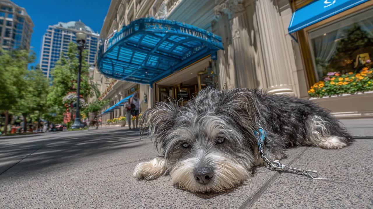 Un cane rilassato si gode una giornata di sole sul marciapiede della città, catturando l'essenza del tempo libero e della vita urbana in un ambiente splendido