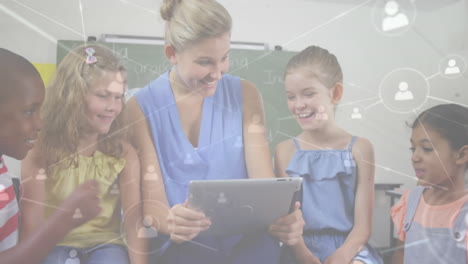 in school, teacher and diverse children using tablet with animation overlay