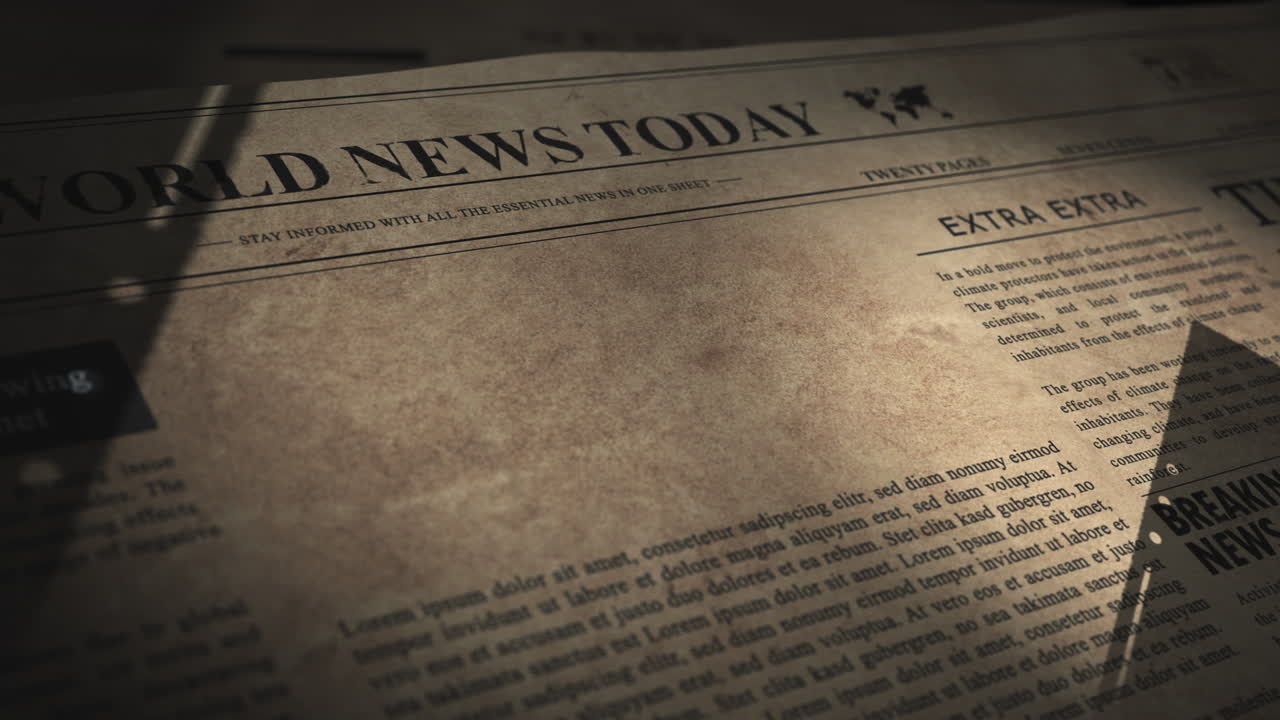 Vintage retro newspaper in archive of editorial office with text placeholder and tracking matte