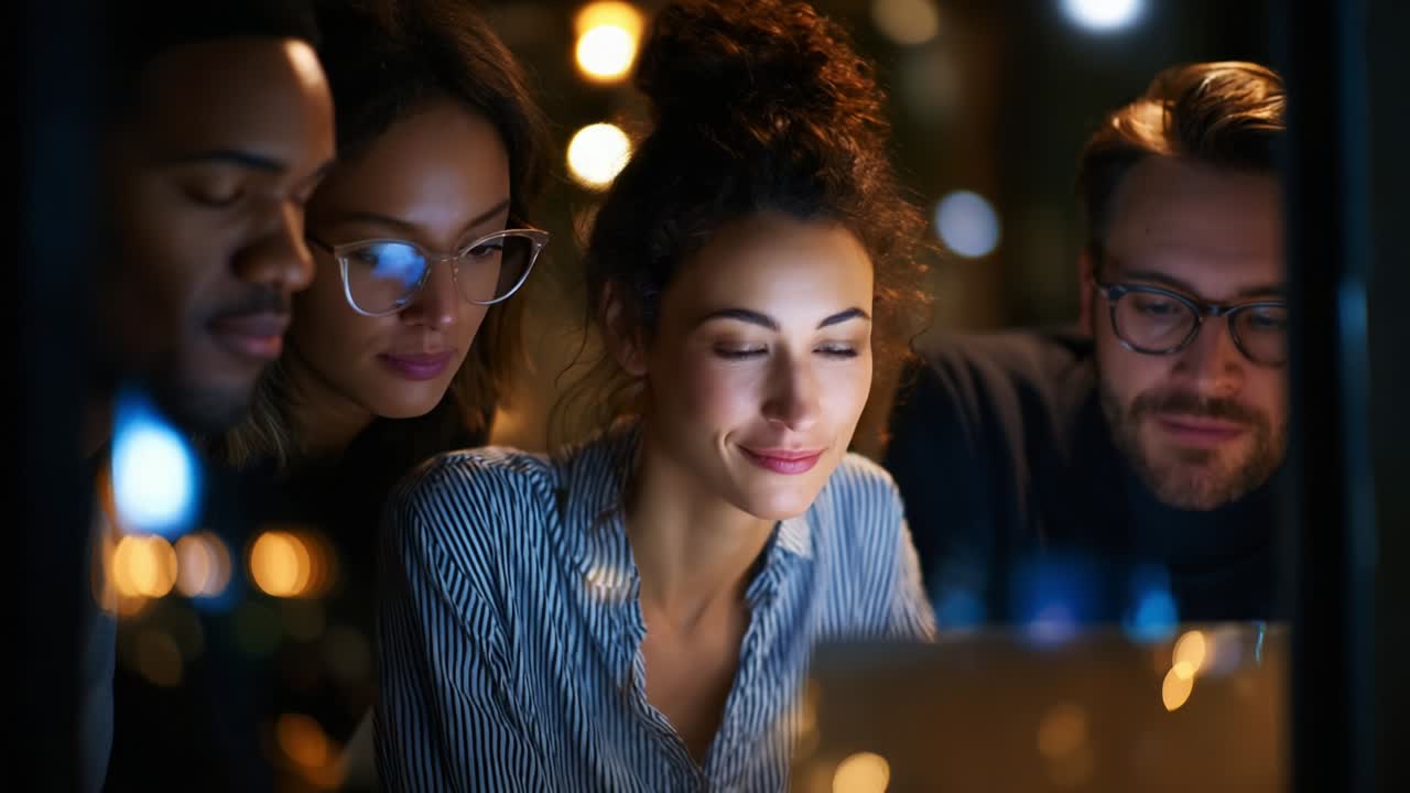 A Group of Friends Collaborating on a Project at Night, Focusing on a Laptop Screen, Surrounded by Cozy Ambient Lighting Creating a Warm and Engaging Atmosphere for Creativity and Teamwork