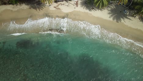 Vista-Aérea-Ascendente-De-Las-Olas-Rompiendo-En-La-Costa-De-Una-Increíble-Playa-De-Aguas-Cristalinas-En-Arnos-Vale,-Tobago